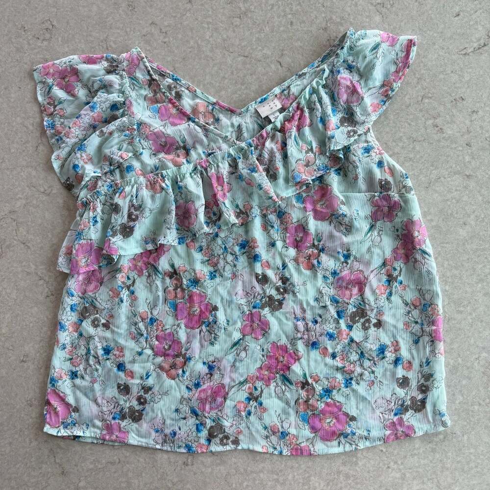 A New Day Women's Floral Ruffle Sleeveless Blouse Light Blue Multi Size L